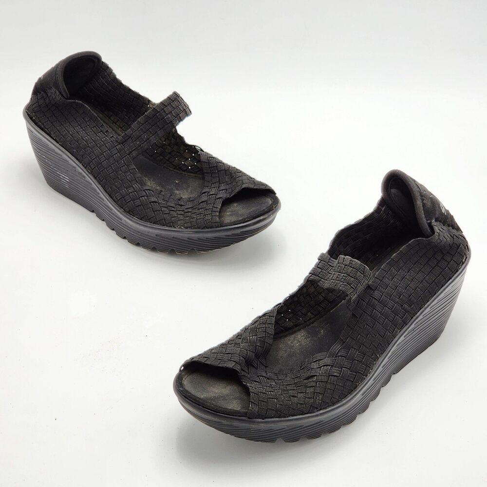 Skechers Memory Foam Woven Slip On Wedges Shoes Black Size 9.5